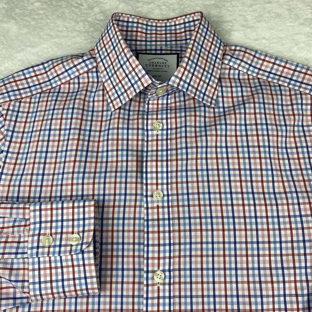 Charles Tyrwhitt Dress Shirt Mens 15-33 Red/Pink/Blue Checks Slim Fit